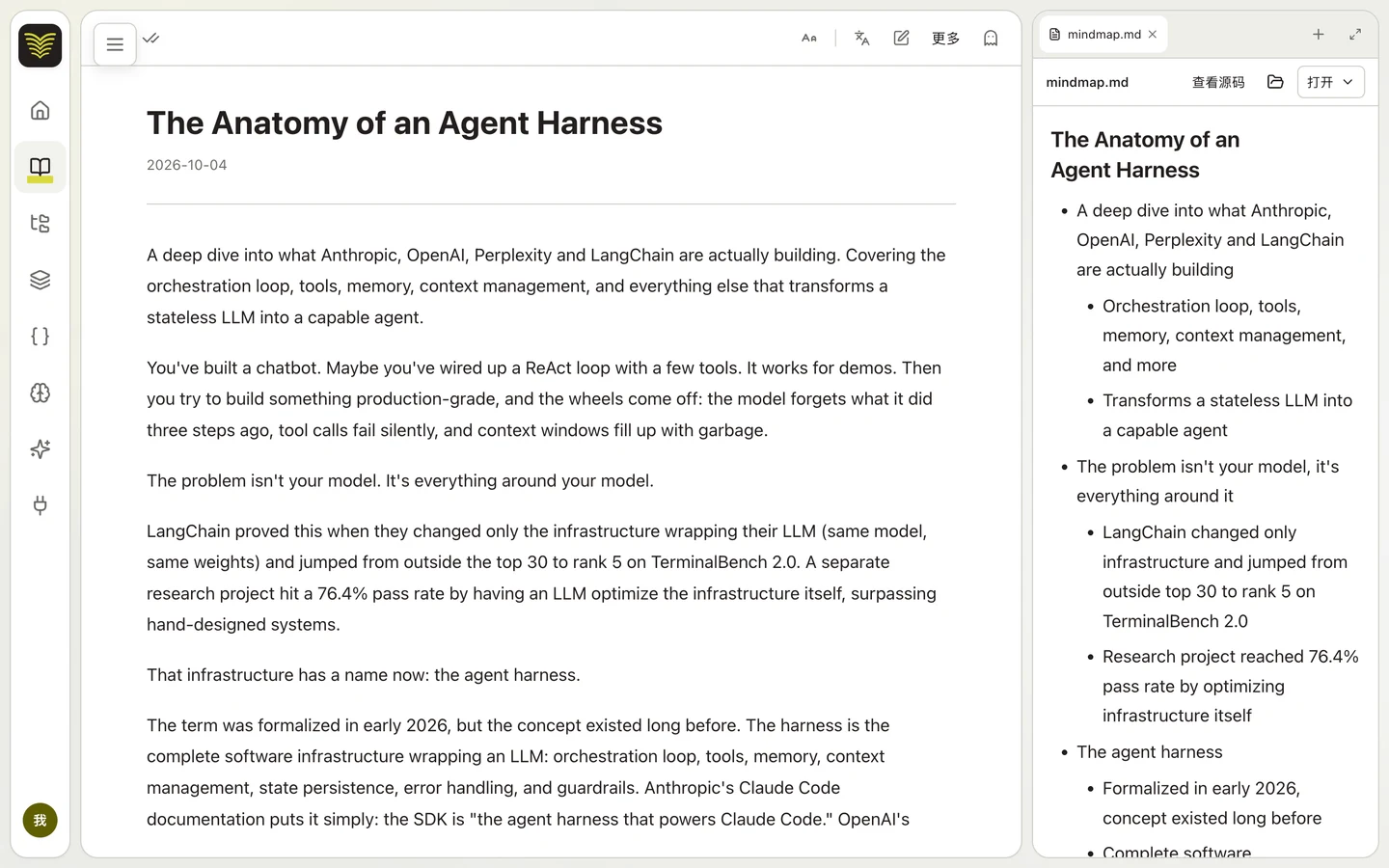 Atlasnote Pro content workspace showing a source and a generated outline